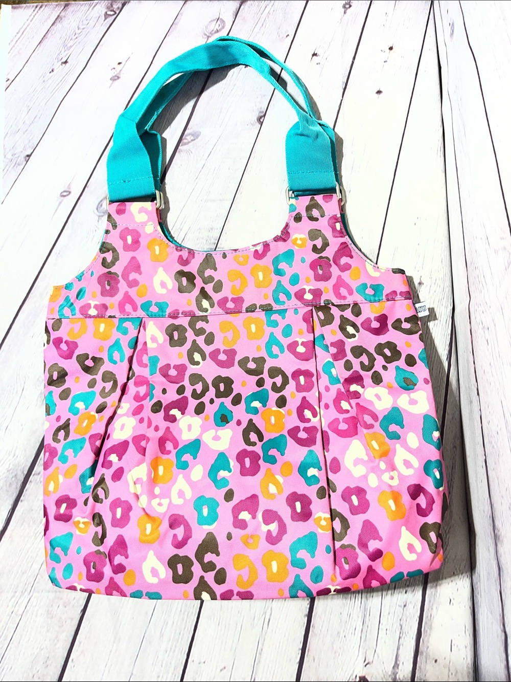 Pink Leopard-Print Tote with Teal Handles - Picture 3 of 7